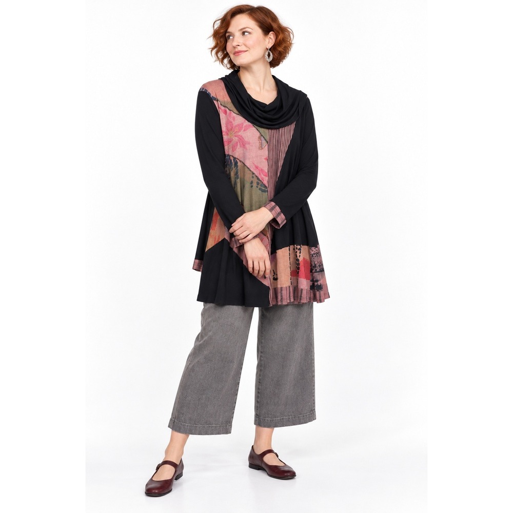 Parsley & Sage Tunic Womens L Cowl Neck Patchwork Black Pink Artsy Lagenlook